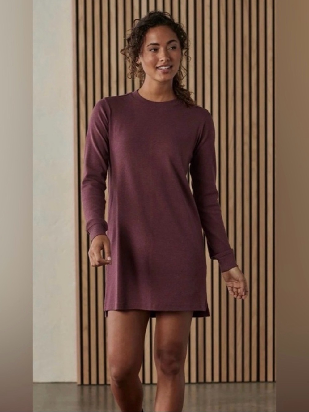 The Normal Brand Puremiso Weekender Long Sleeve Crew Ribbed Burgundy Dress XS